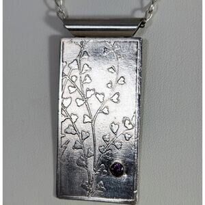 Sterling silver Etched Pendant  +Amethyst 1x 21/8"Lightly oxodized' 24" Sp chain
